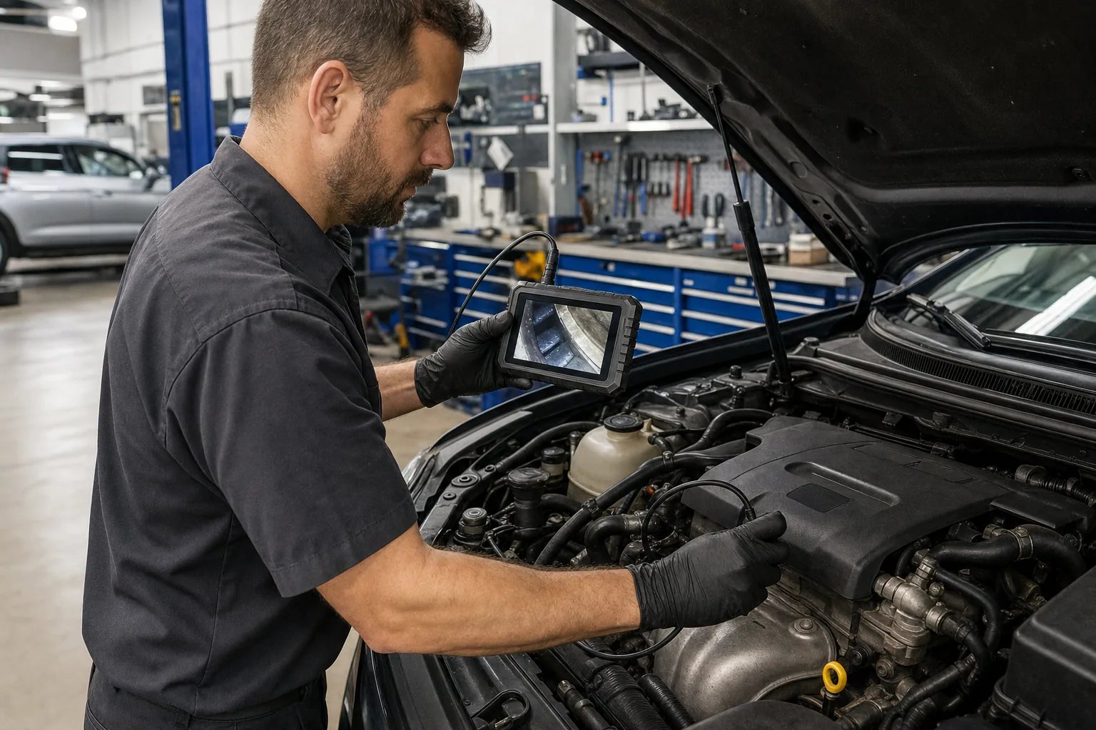 Motor bölmesinde endoskop kamera ile dar alan incelemesi