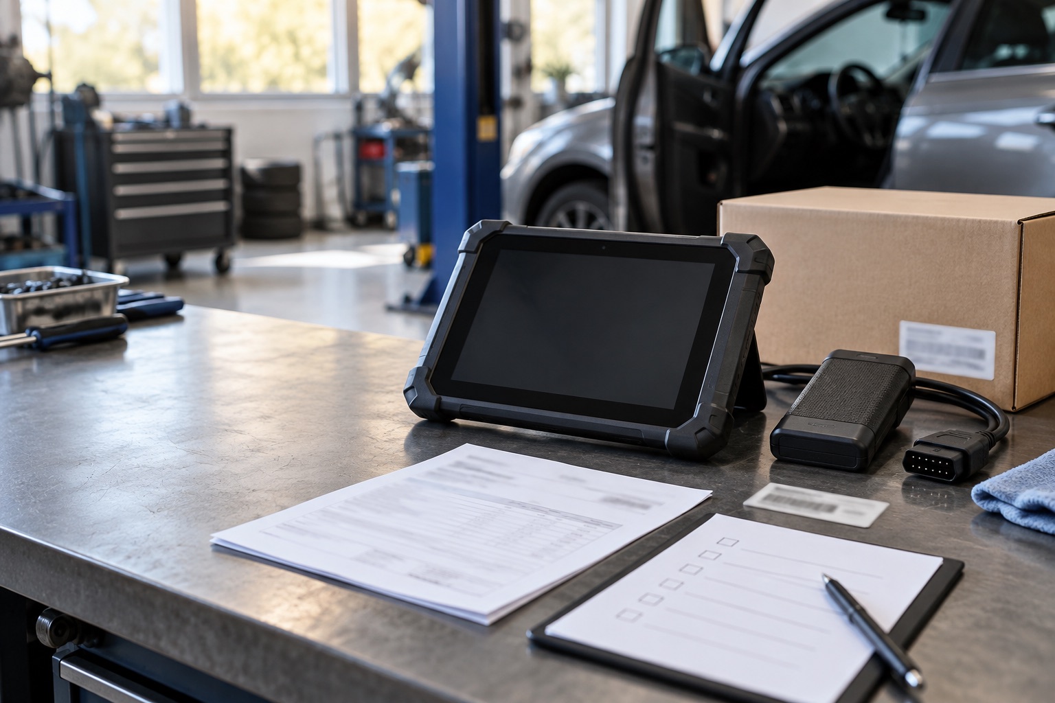 An automotive diagnostic tool, box, invoice, and checklist are being examined together on a service bench