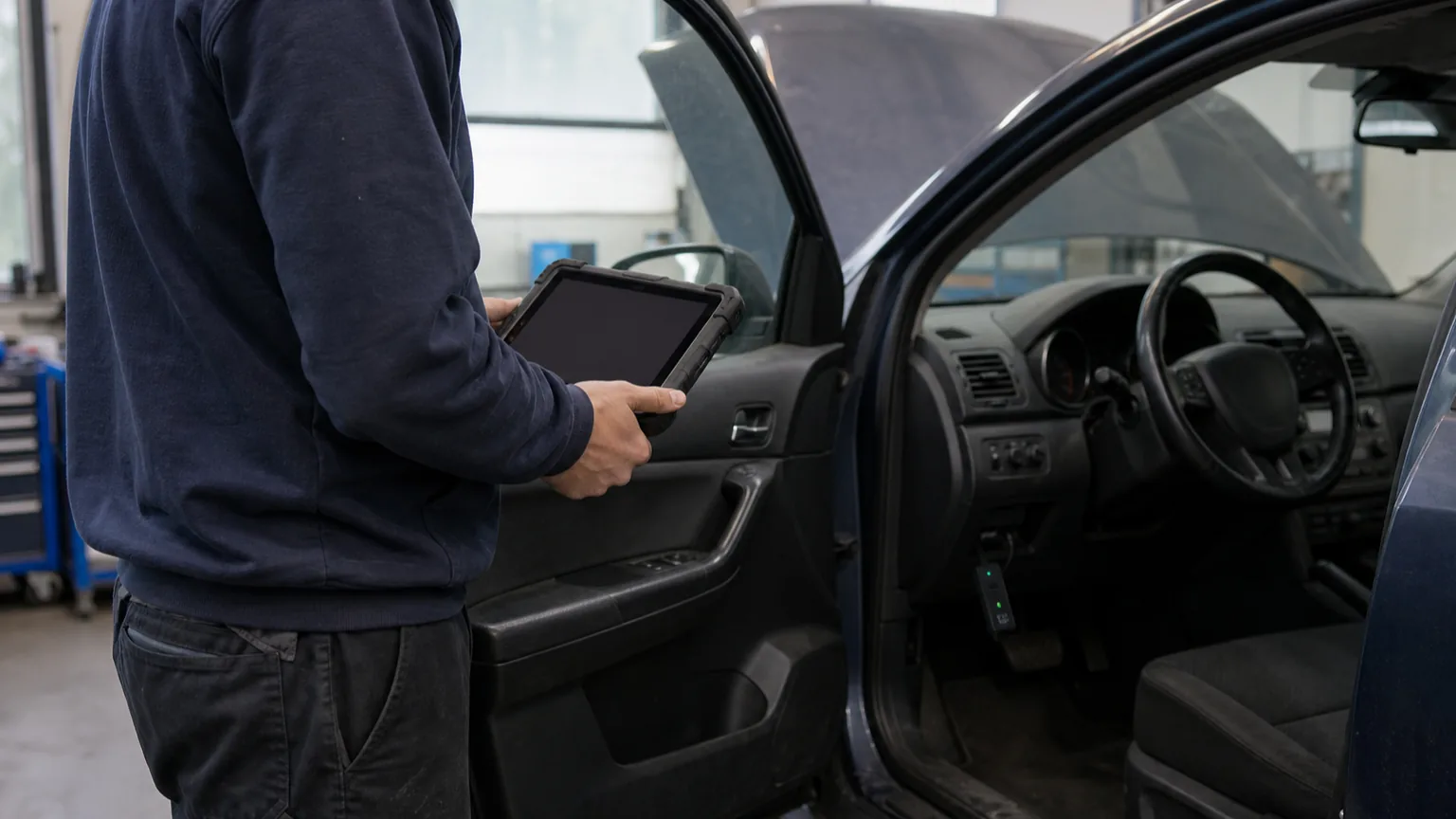 Araç yanında kablosuz diagnostik tablet kullanan servis teknisyeni