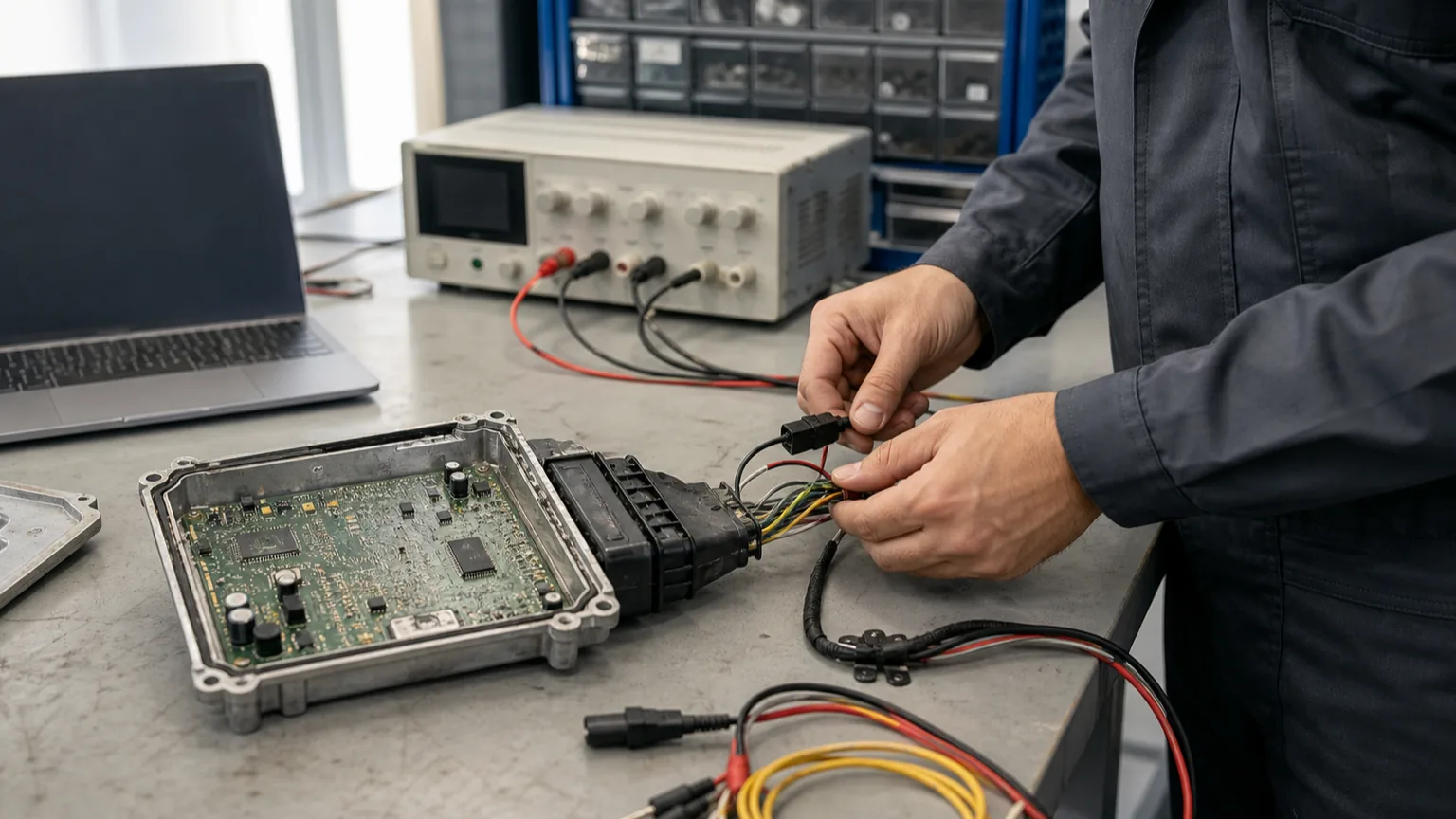 ECU modülü, bağlantı kabloları ve güç kaynağı bulunan elektronik çalışma tezgâhı