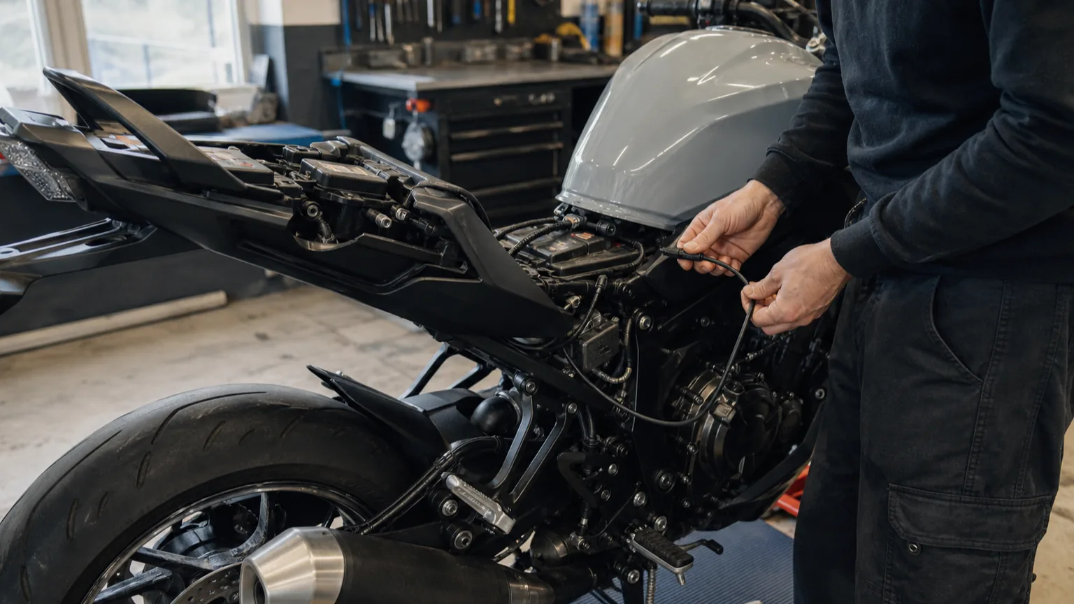 Motosikletin servis bağlantısını hazırlayan teknisyen