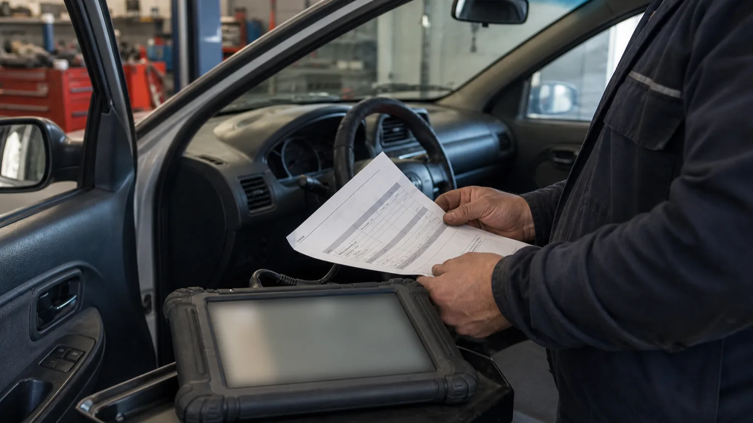Araç bilgileriyle diagnostik cihaz uyumluluğunu kontrol eden teknisyen