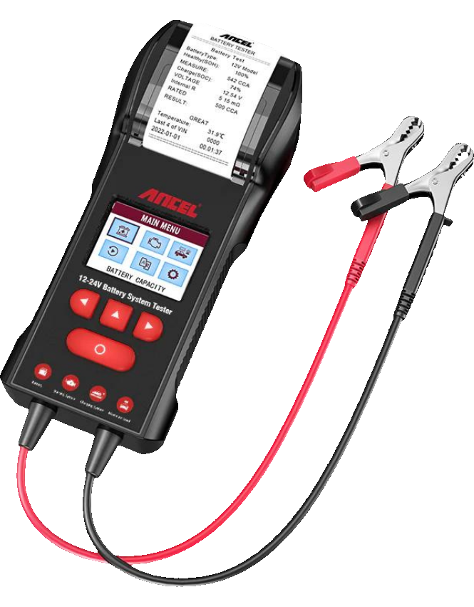 ANCEL BST600 cihaz, kırmızı ve siyah test kabloları ile akü kıskaçları