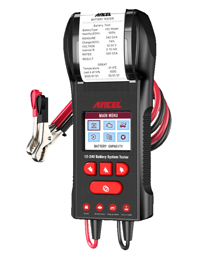 ANCEL BST600 akü test cihazının yazıcı ve yan gövdesini gösteren açılı görünümü