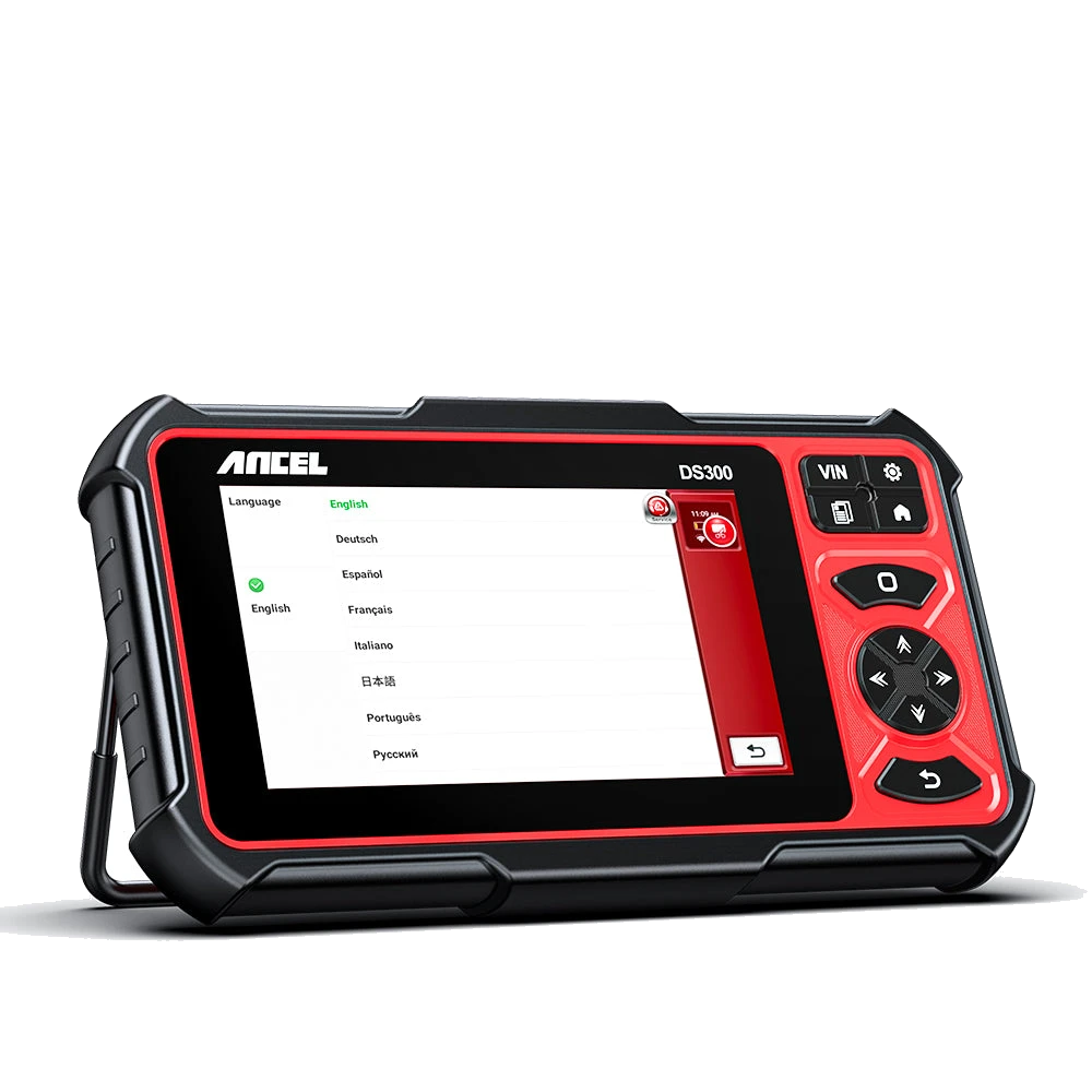 Ancel DS300 language menu open angled tablet view