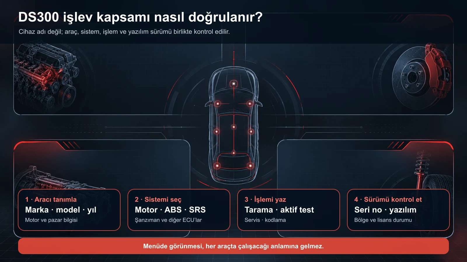 DS300 function scope verification scheme by vehicle, system, function, and software version