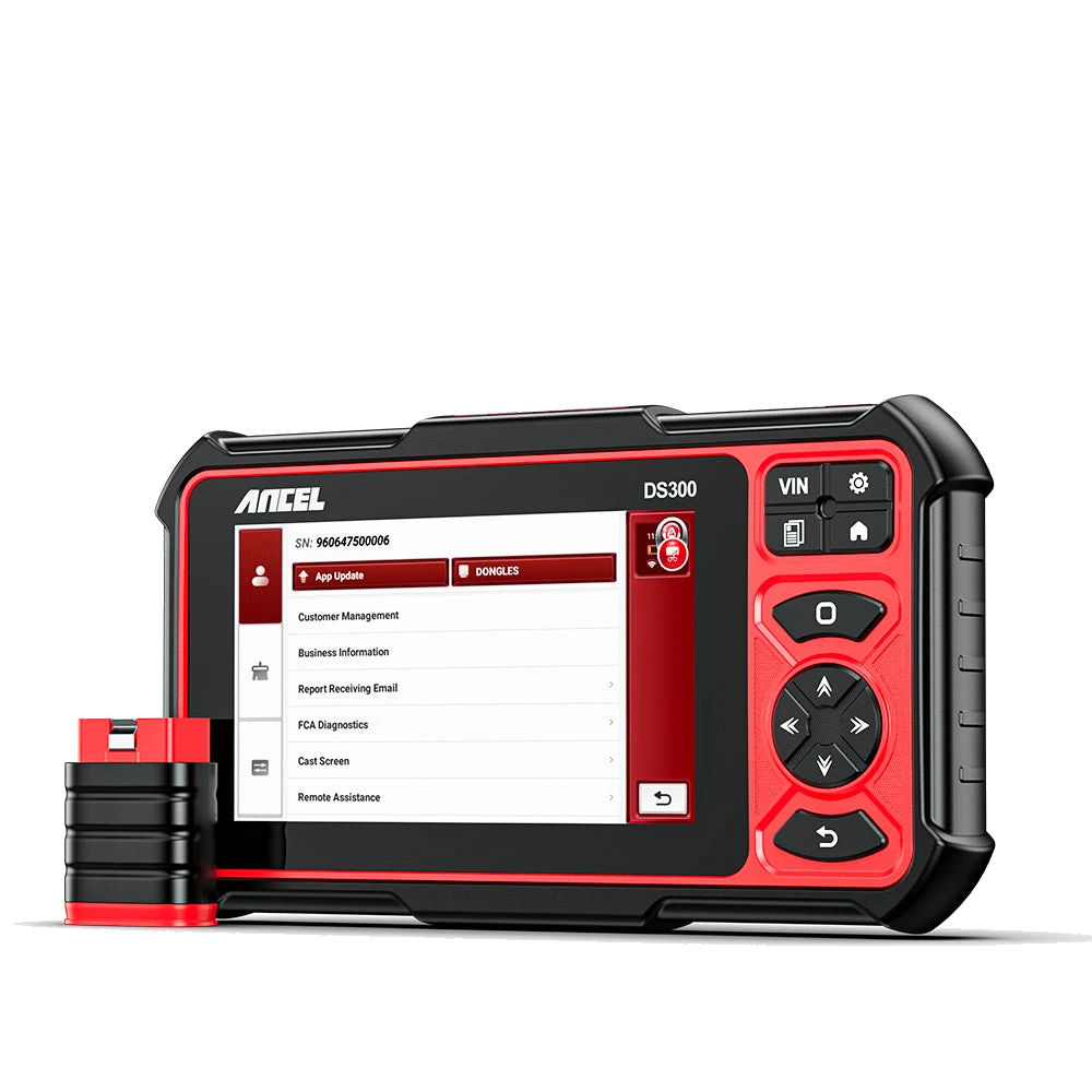 Ancel DS300 tablet settings screen and VCI angled view