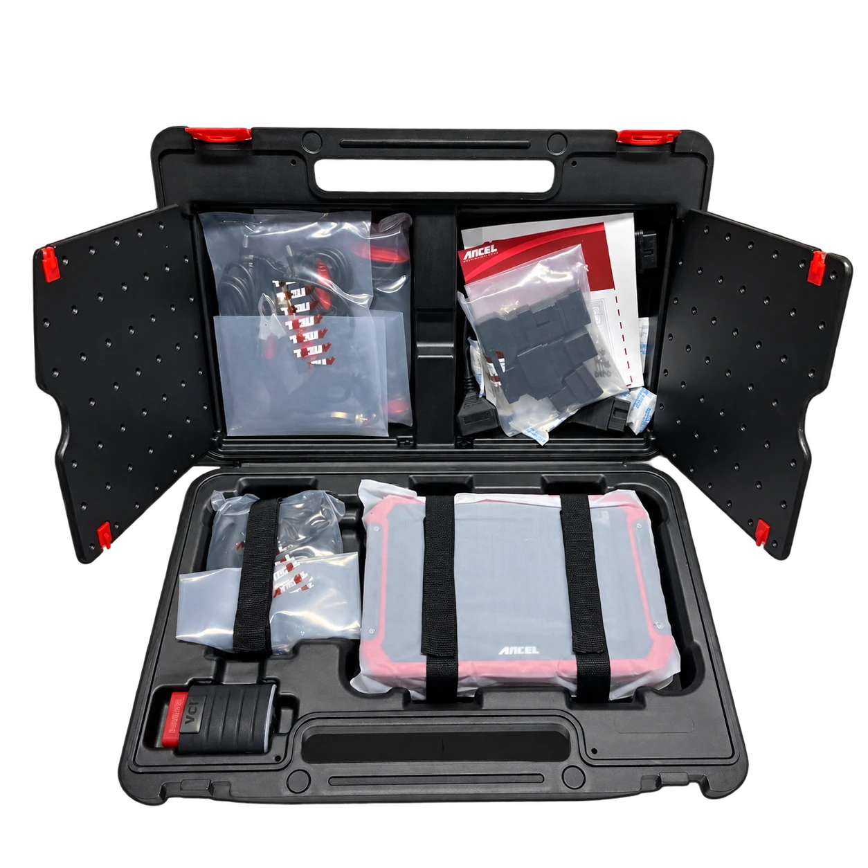 Tablet, VCI, cables, and vehicle adapters in an open carrying case