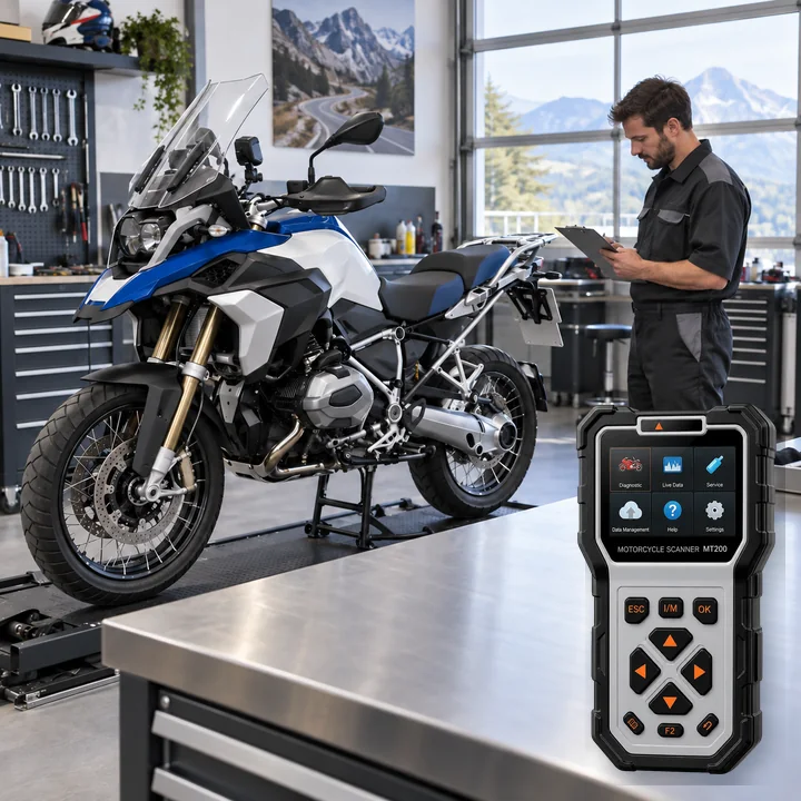 Representative service scene for BMW Motorrad and actual Ancel MT200 product visual