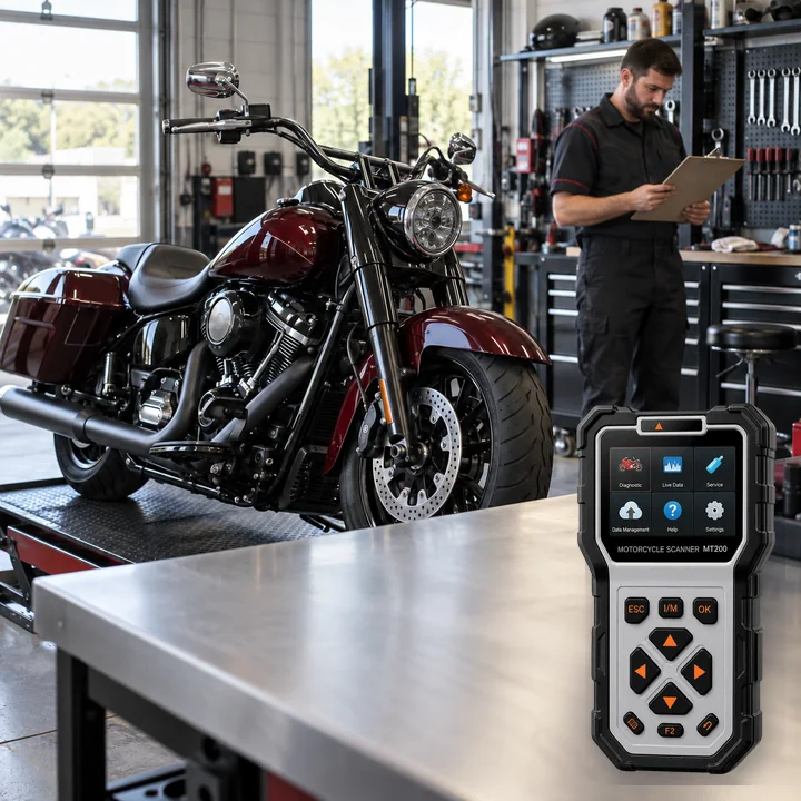 Representative service scene for Harley-Davidson and actual Ancel MT200 product visual