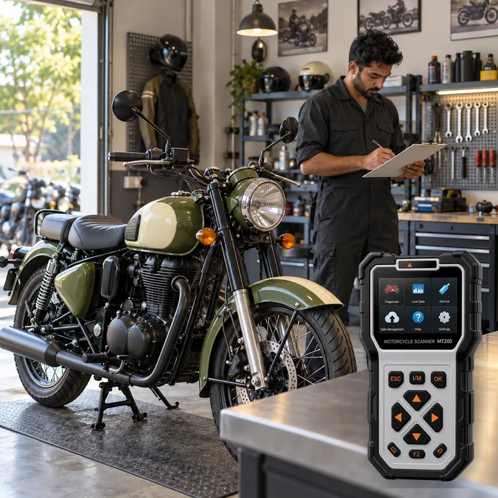Representative service scene for Royal Enfield and actual Ancel MT200 product visual