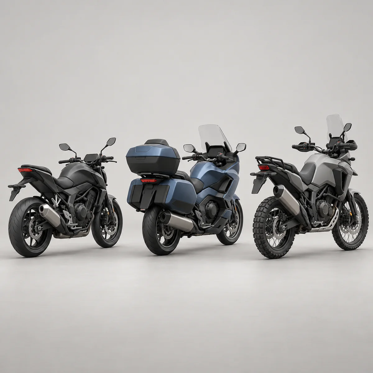 Logoless representation of street, touring, and adventure motorcycle classes considered in MT200 selection