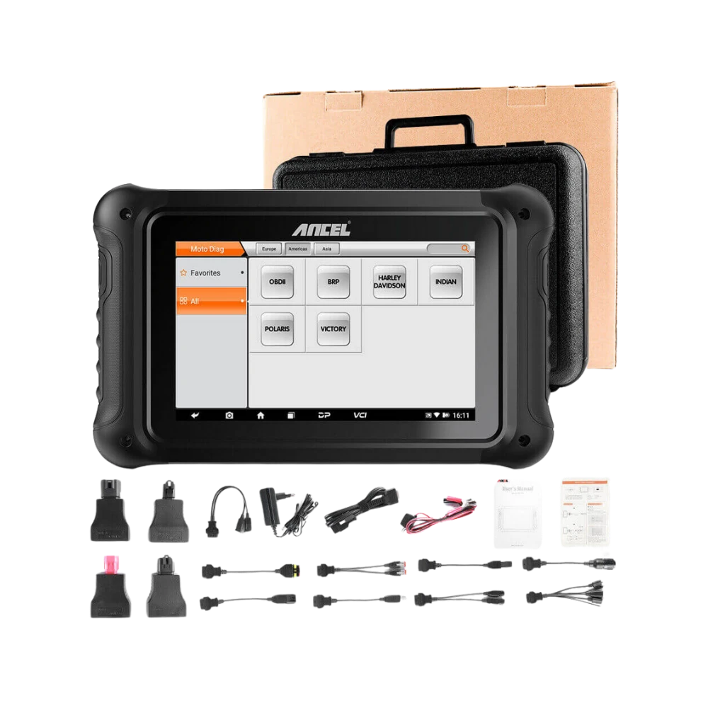 ancel MT700 tablet, carrying case, power cable, and motorcycle adapter set