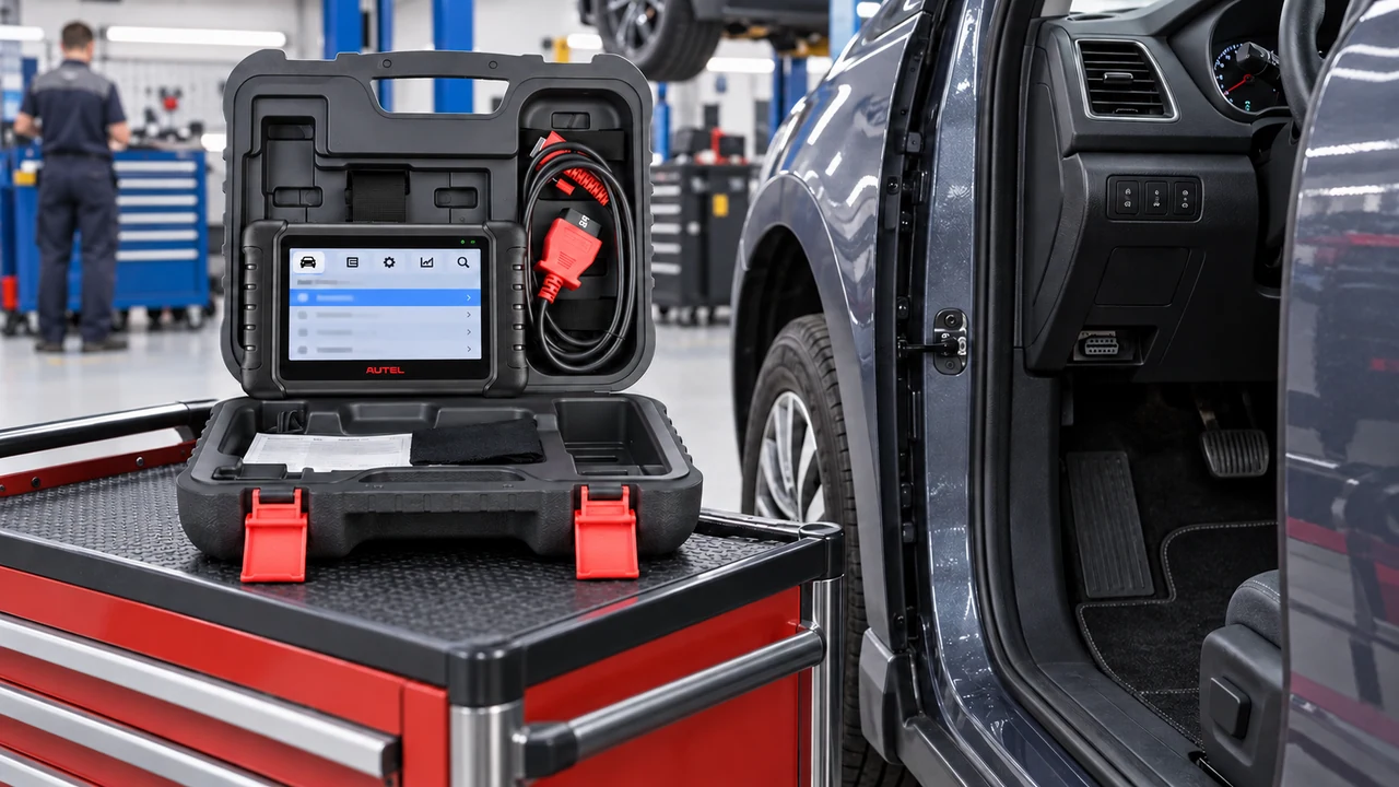 The MX808S model's appearance in the carrying case with the tablet and its own red OBD cable next to the vehicle