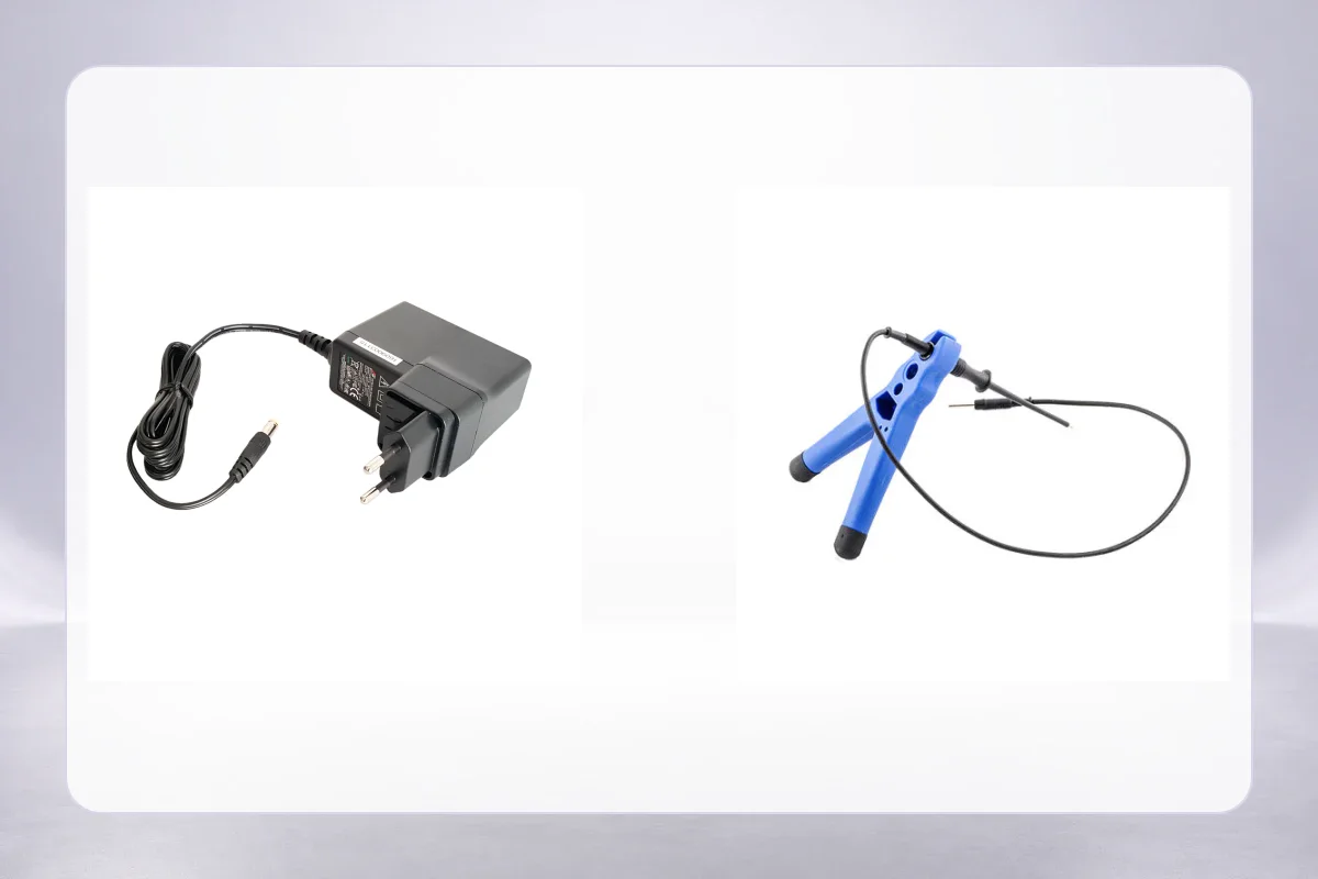 Actual product photos of AutoTuner power adapter and probe positioning kit