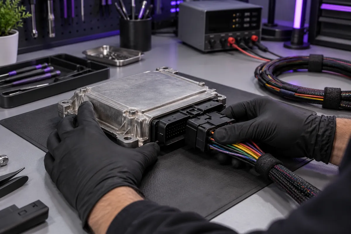 Representative Bench scene showing a technician connecting a bench cable to the external connector of a closed ECU housing