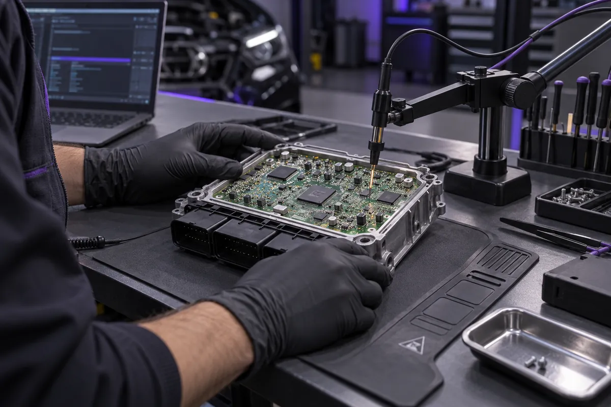 Representative Boot access scene showing a technician working with a probe fixed to an opened ECU board
