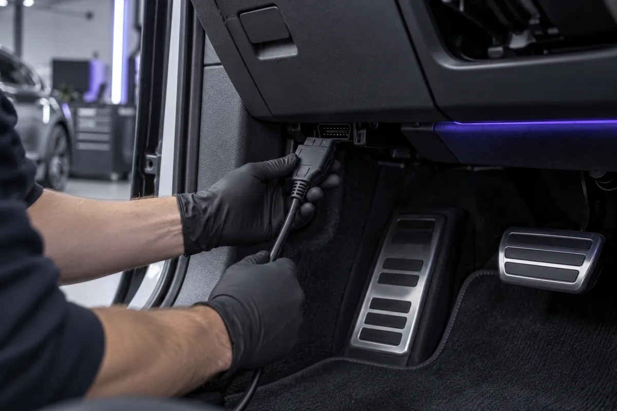 Representative work scene showing a technician plugging a cable into the vehicle's OBD-II port