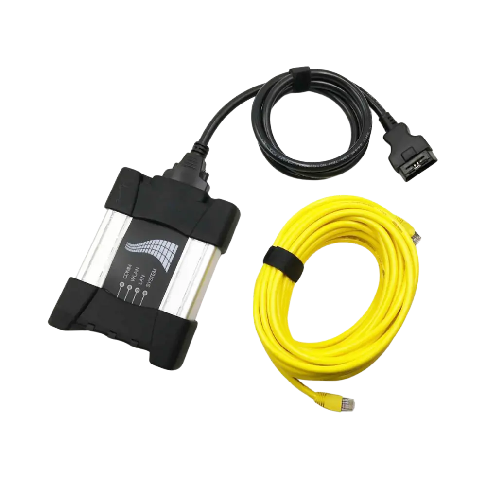 BMW ICOM A3 tipi arayüzün OBD araç kablosu ve sarı LAN kablosuyla görünümü