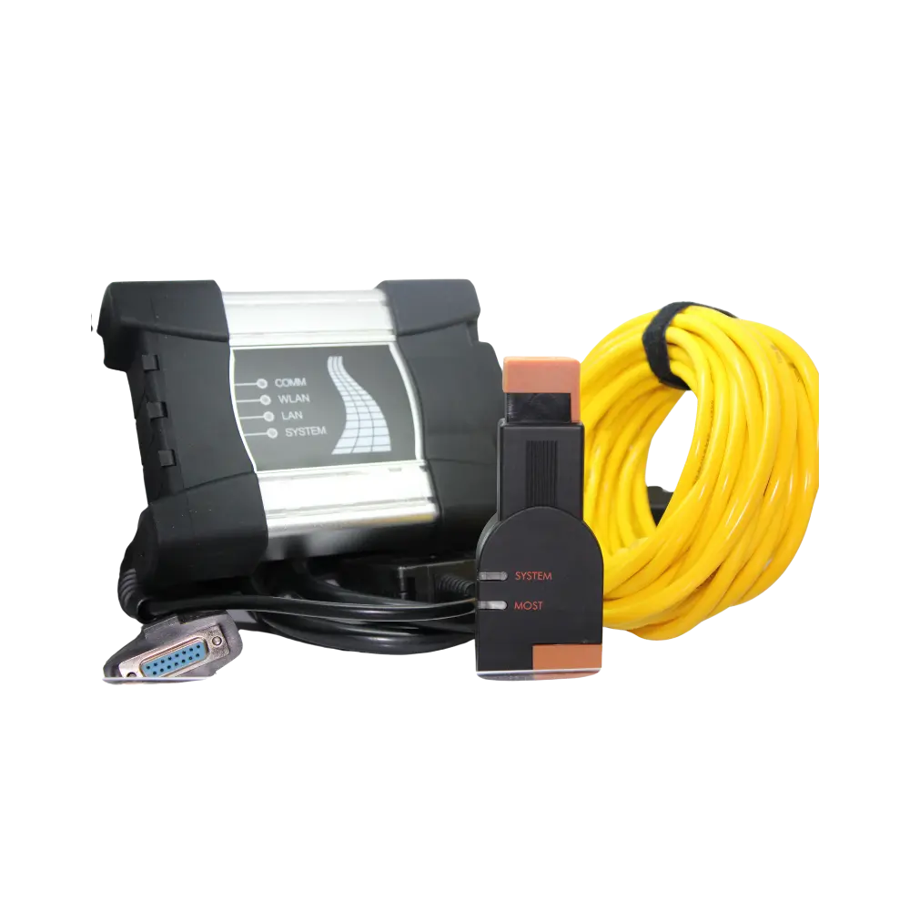 BMW ICOM A3 tipi arıza tespit arayüzü, MOST modülü ve sarı Ethernet kablosu