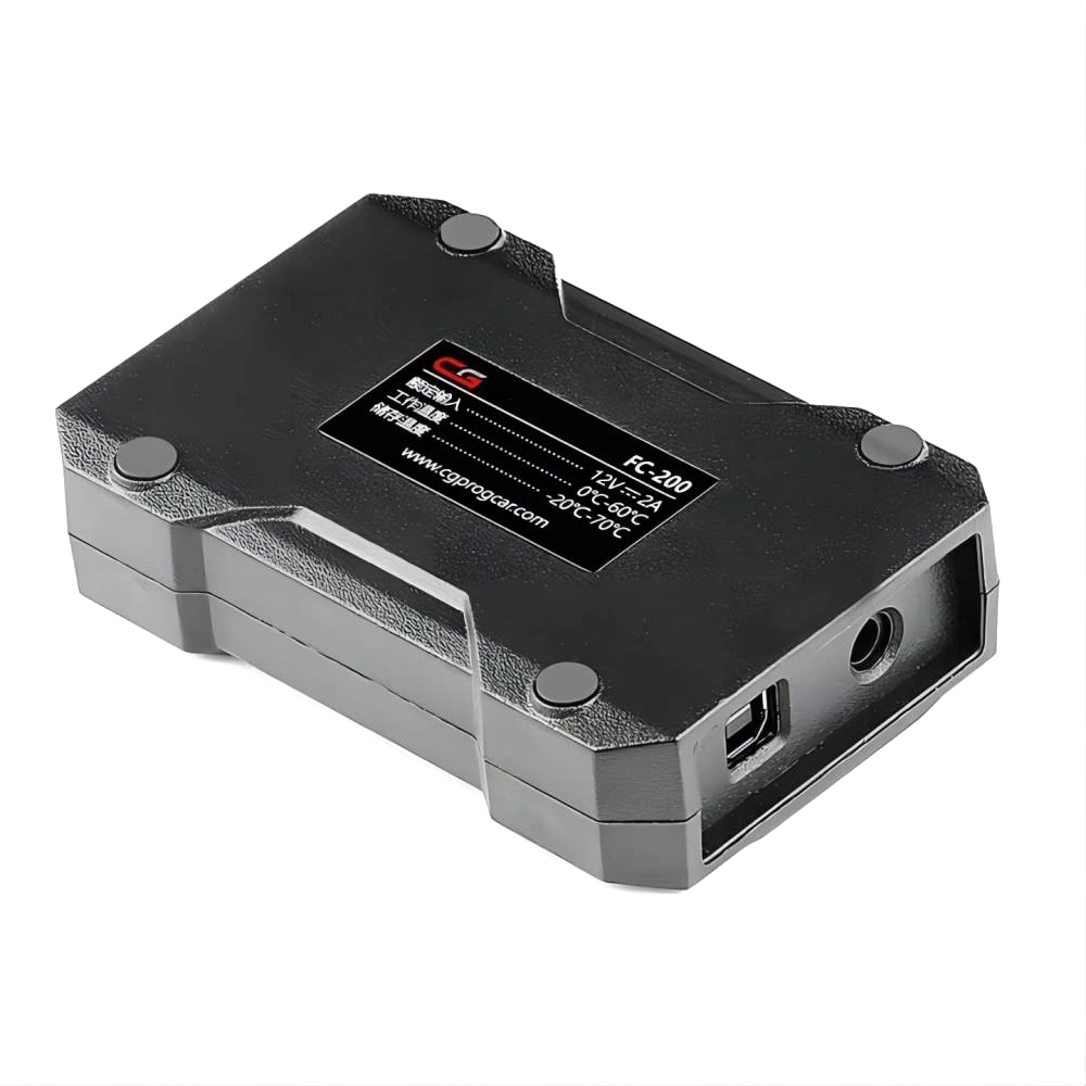 CGDI FC200 cihazının alt etiketi, USB ve güç portları