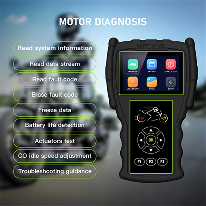 JDiag M100 Pro motosiklet diagnostik işlevlerini gösteren üretici görseli