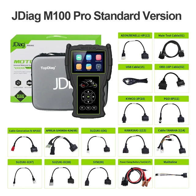JDiag M100 Pro standart paket ve motosiklet kabloları
