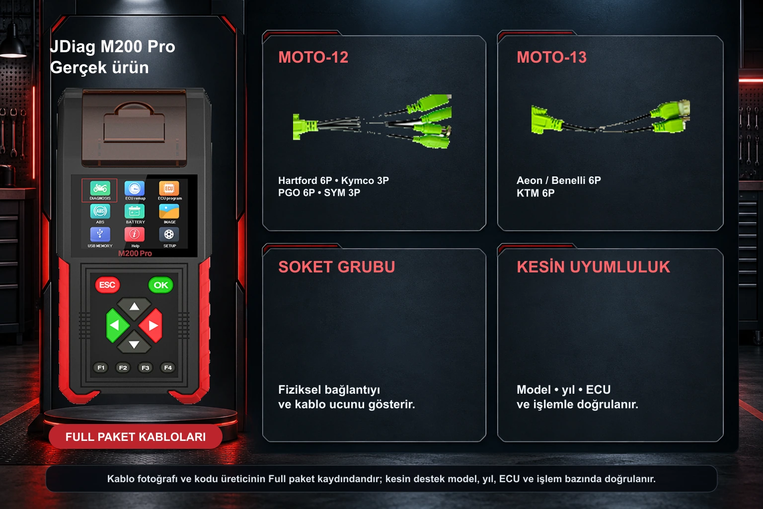 Gerçek M200 Pro cihazı yanında Hartford, Kymco, PGO, SYM, Aeon, Benelli ve KTM kablo grupları