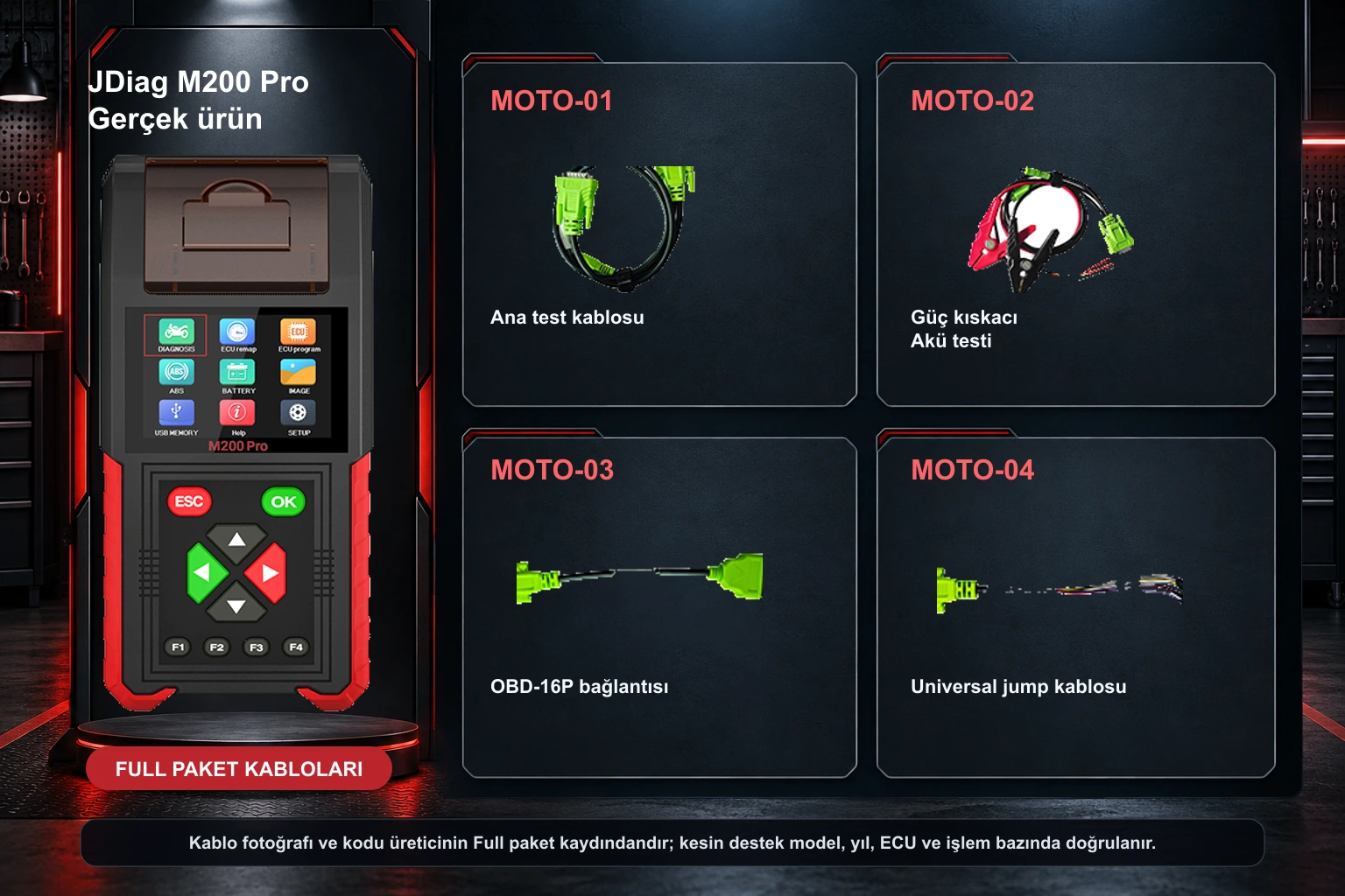 Gerçek JDiag M200 Pro cihazı ile MOTO-01, MOTO-02, MOTO-03 ve MOTO-04 temel bağlantı kabloları