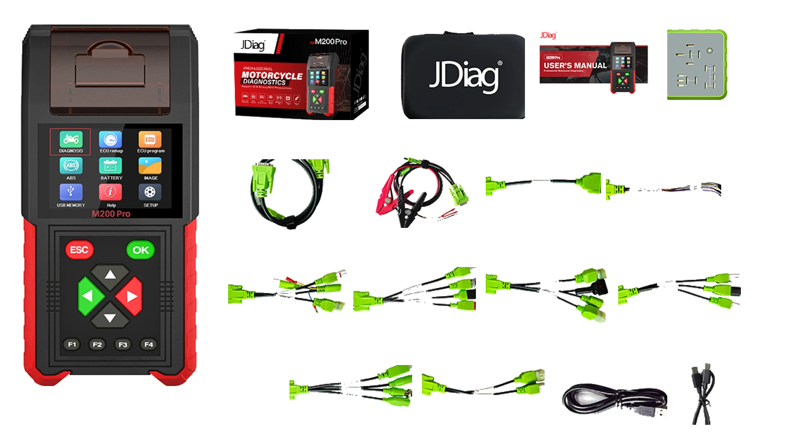 JDiag M200 Pro Full paket cihaz, çanta, kutu ve motosiklet bağlantı kabloları