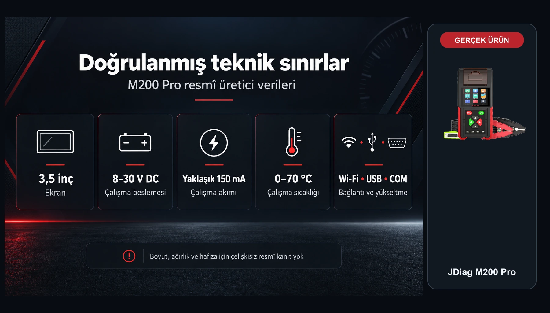 Gerçek JDiag M200 Pro cihazı ile Türkçe doğrulanmış teknik sınırlar infografiği