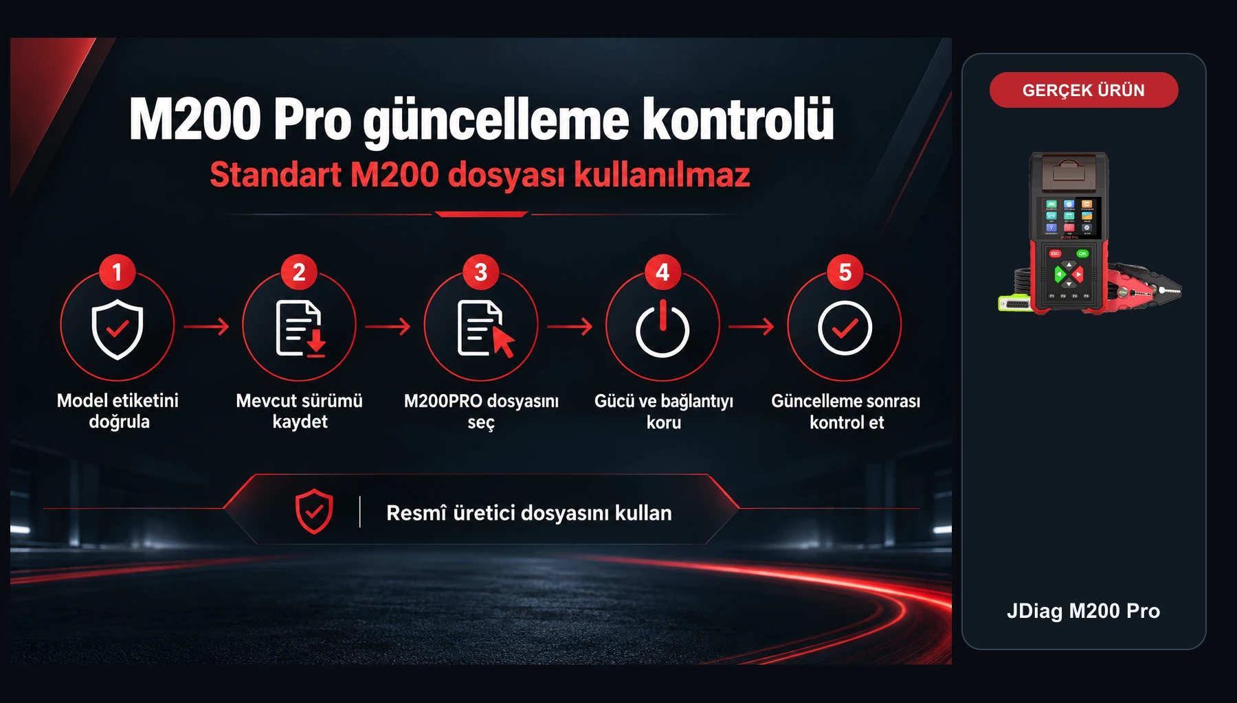 Gerçek JDiag M200 Pro cihazı ile Türkçe beş adımlı güvenli güncelleme kontrolü
