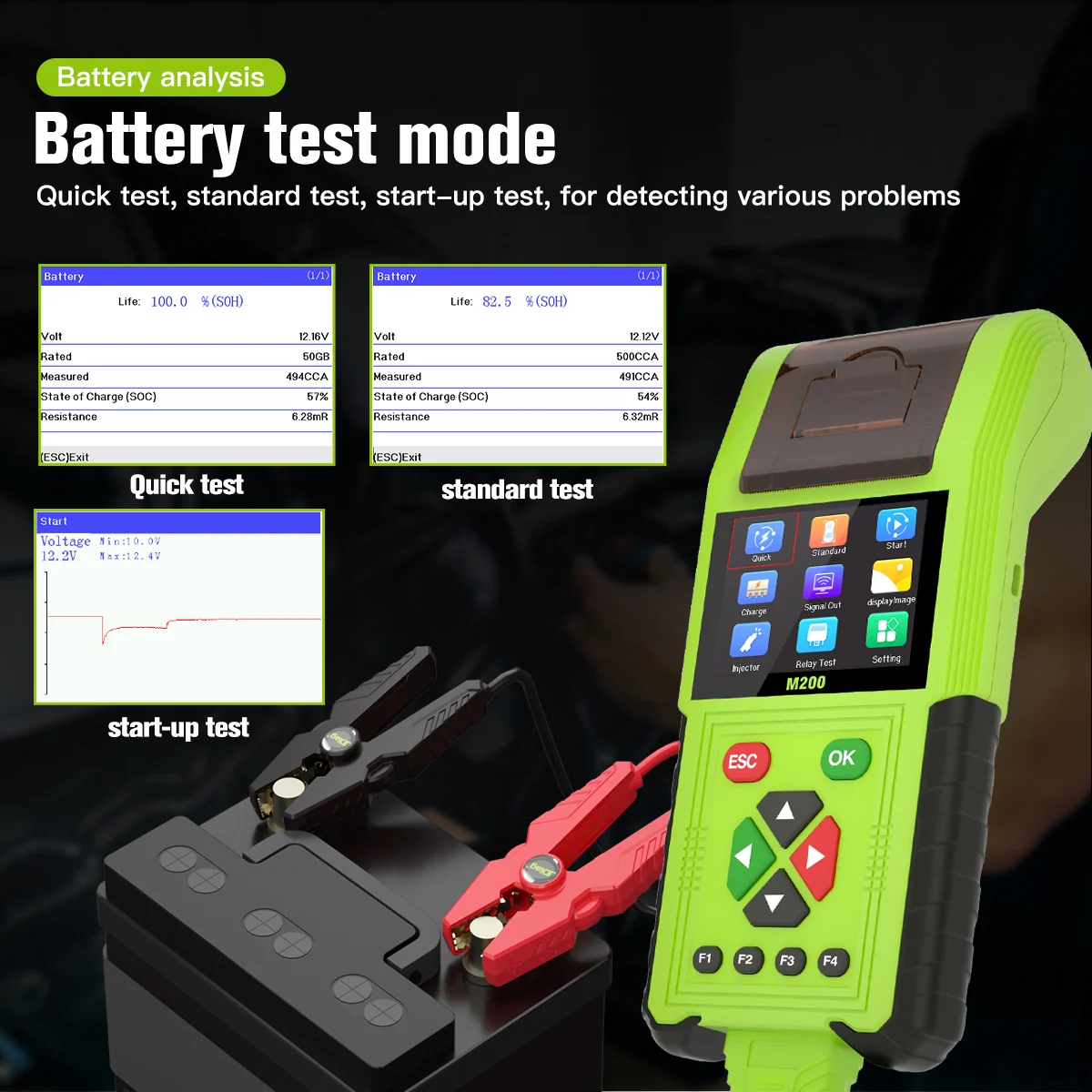 JDiag M200 akü hızlı test, standart test ve marş testi ekranları