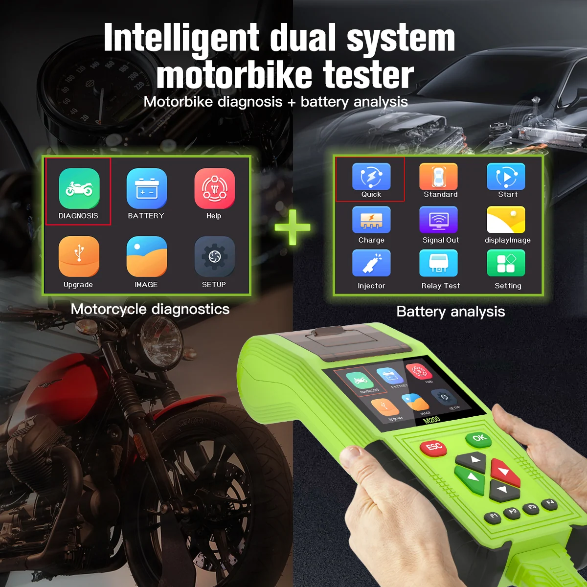 JDiag M200 motosiklet diagnostik ve akü analiz ekranları
