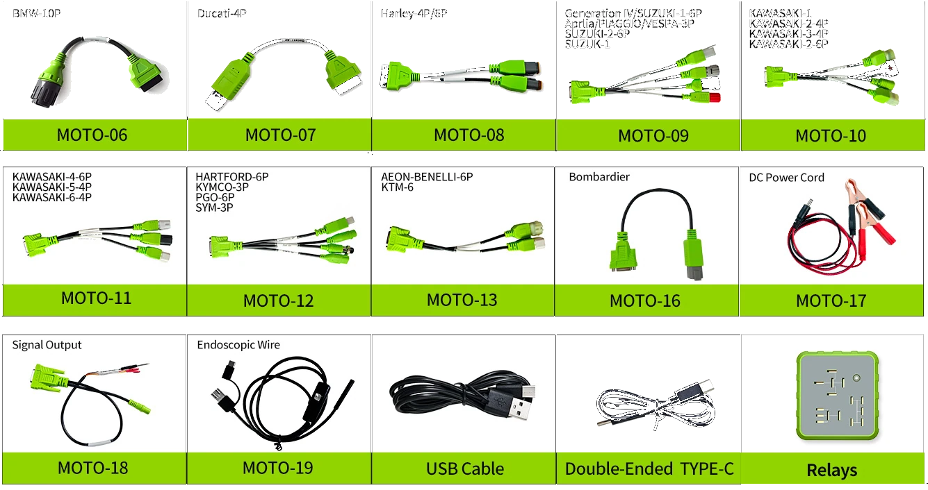JDiag M400 Pro motosiklet adaptörleri, güç kablosu ve röle aksesuarı