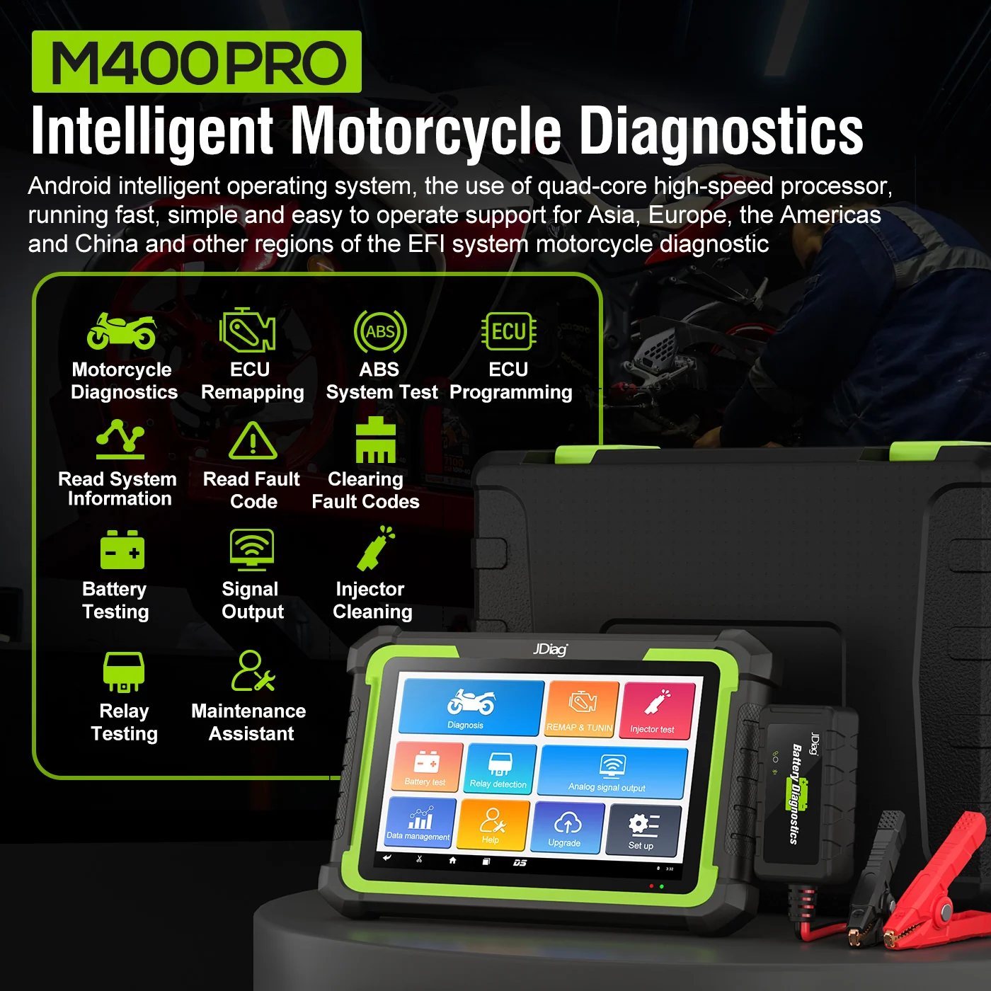 JDiag M400 Pro motosiklet diagnostik ve servis işlevleri üretici görseli