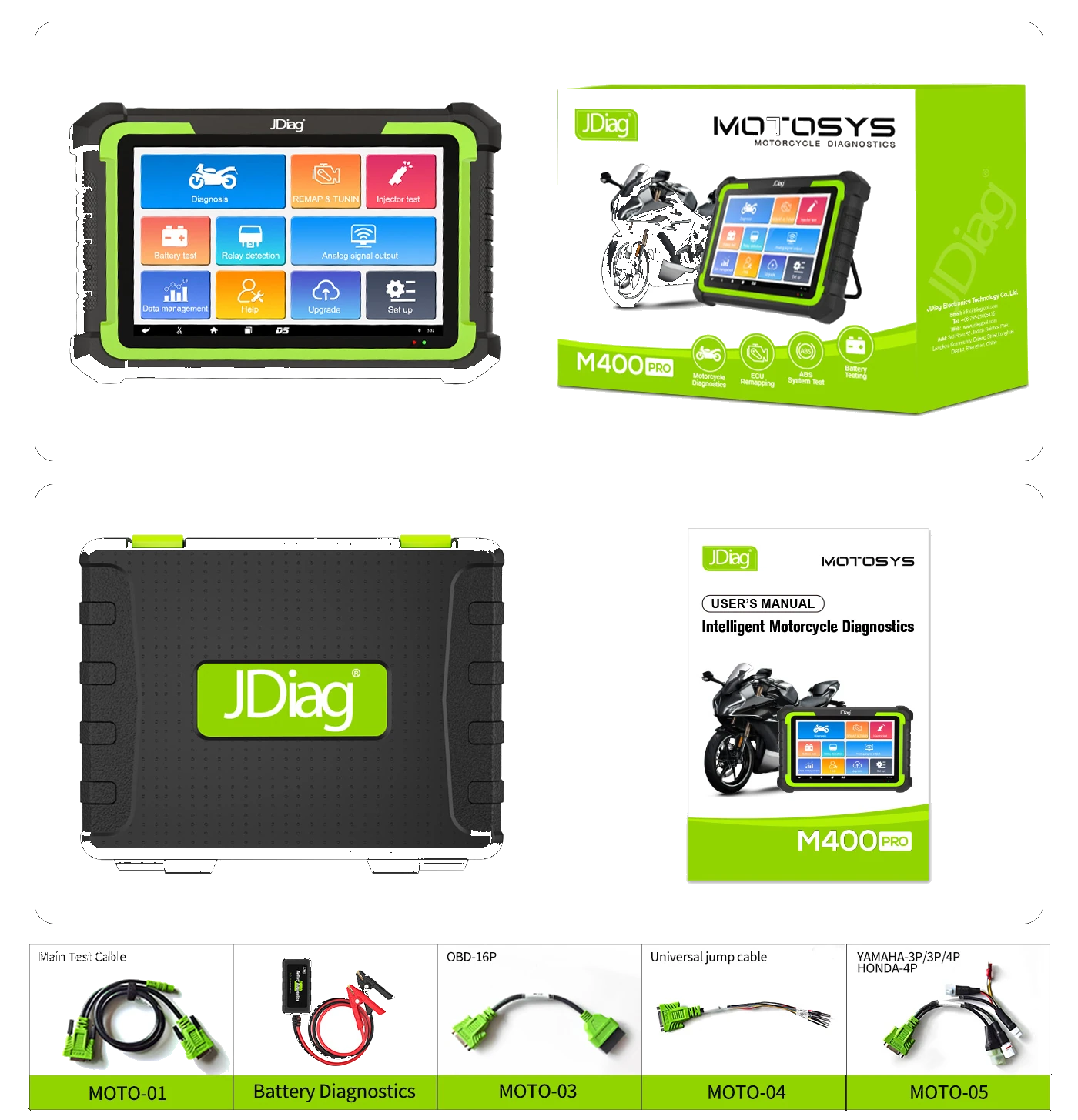 JDiag M400 Pro cihaz, kutu, çanta, kılavuz ve kablo paketi