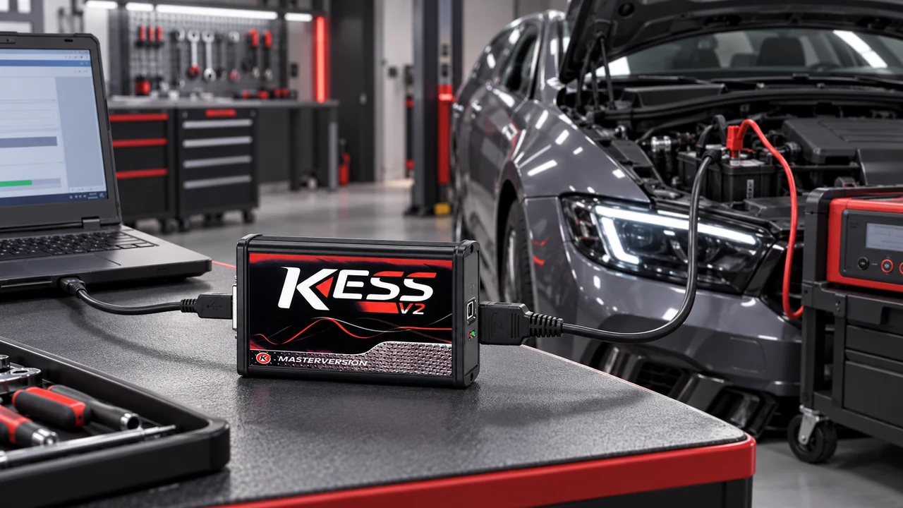 KESS V2 device, service computer, and vehicle battery voltage support for a secure OBD programming setup