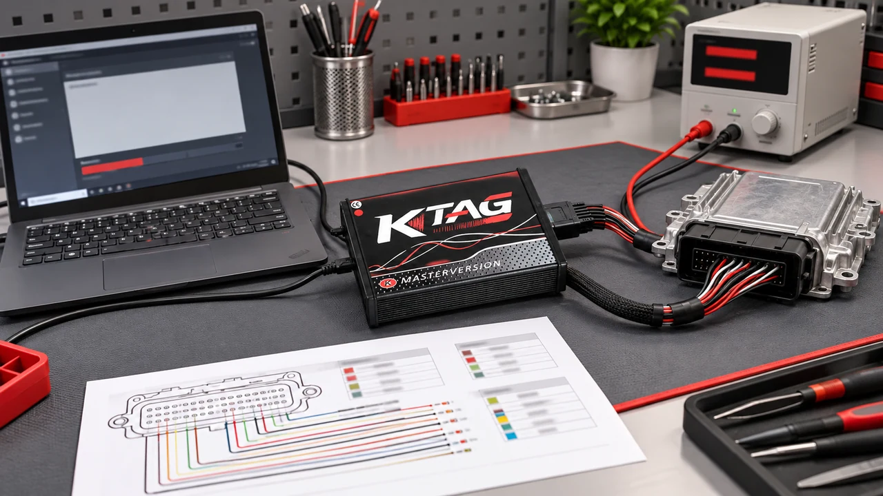 KTAG Master device, removed ECU, service computer, and current-limited power supply for bench connection