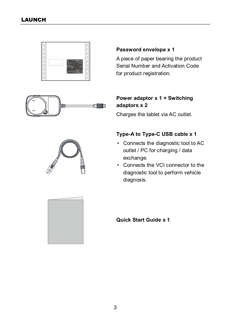 Launch CRP919E BT kullanıcı kılavuzunda güç adaptörü, anahtar uçları, USB kablosu ve hızlı başlangıç kılavuzunun yer aldığı referans paket listesi