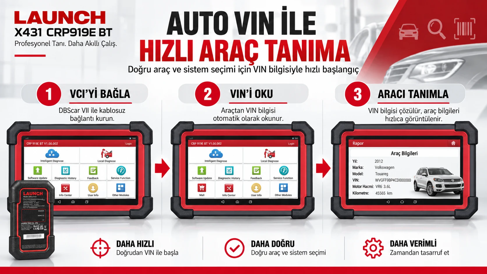 Launch X431 CRP919E BT Auto VIN ile araç tanıma ve VIN okuma adımları