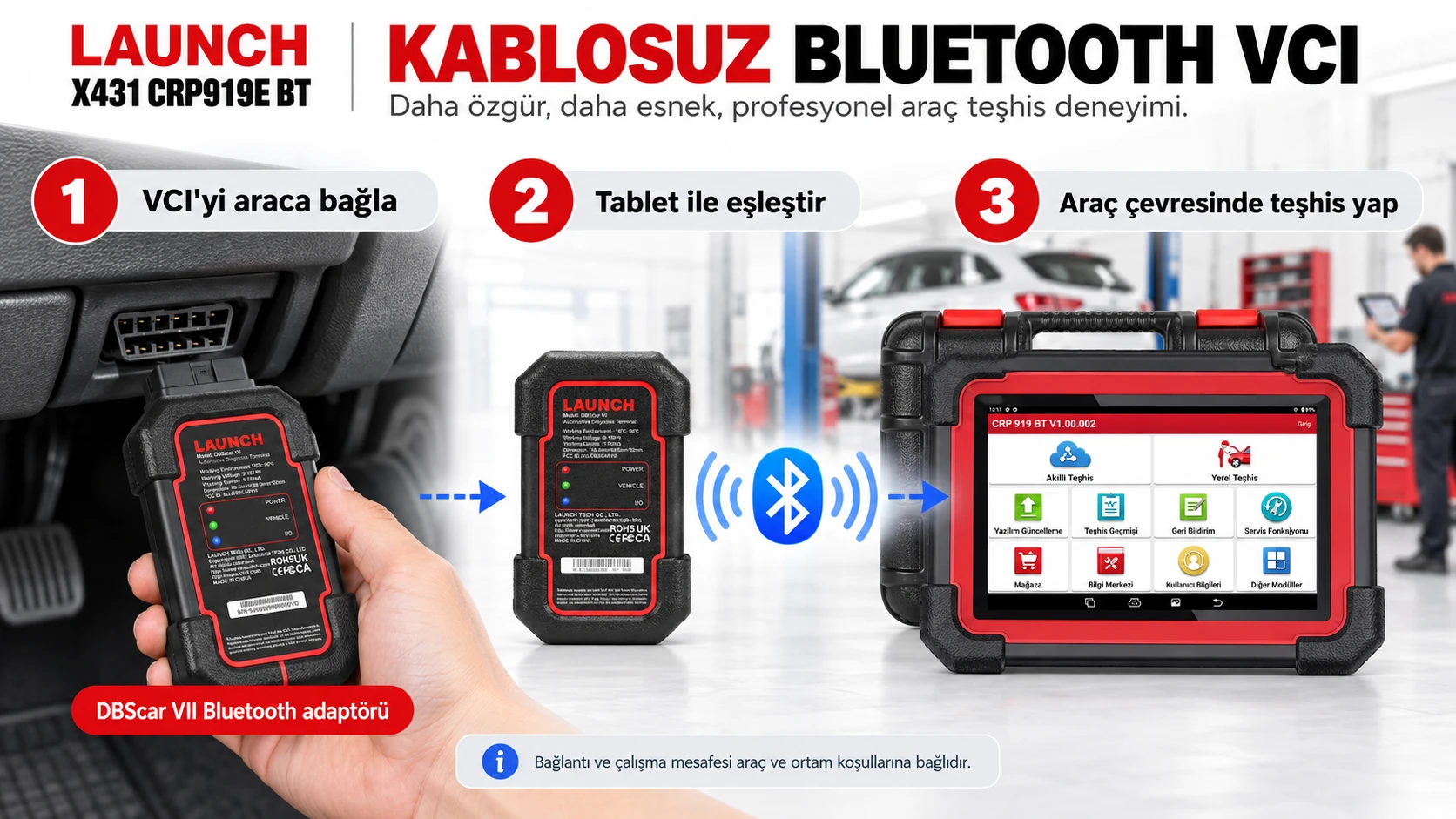 Launch X431 CRP919E BT ve DBScar VII Bluetooth VCI ile kablosuz araç diagnostik bağlantısı