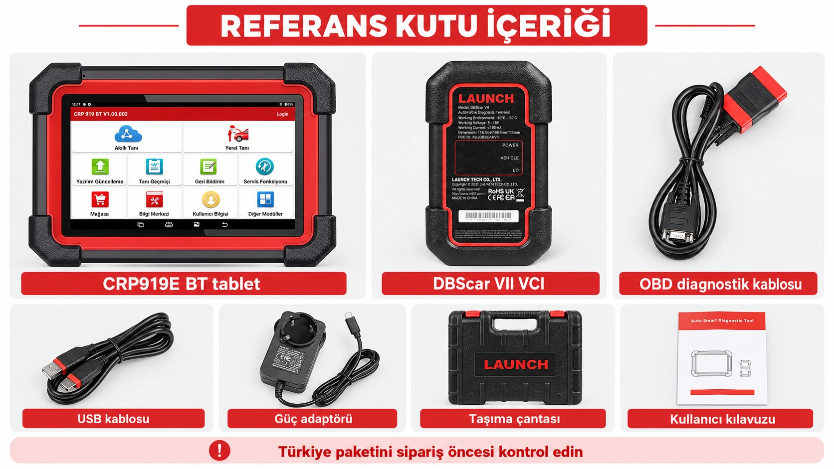 Launch X431 CRP919E BT referans kutu içeriği: tablet, DBScar VII VCI, OBD kablosu ve aksesuarlar
