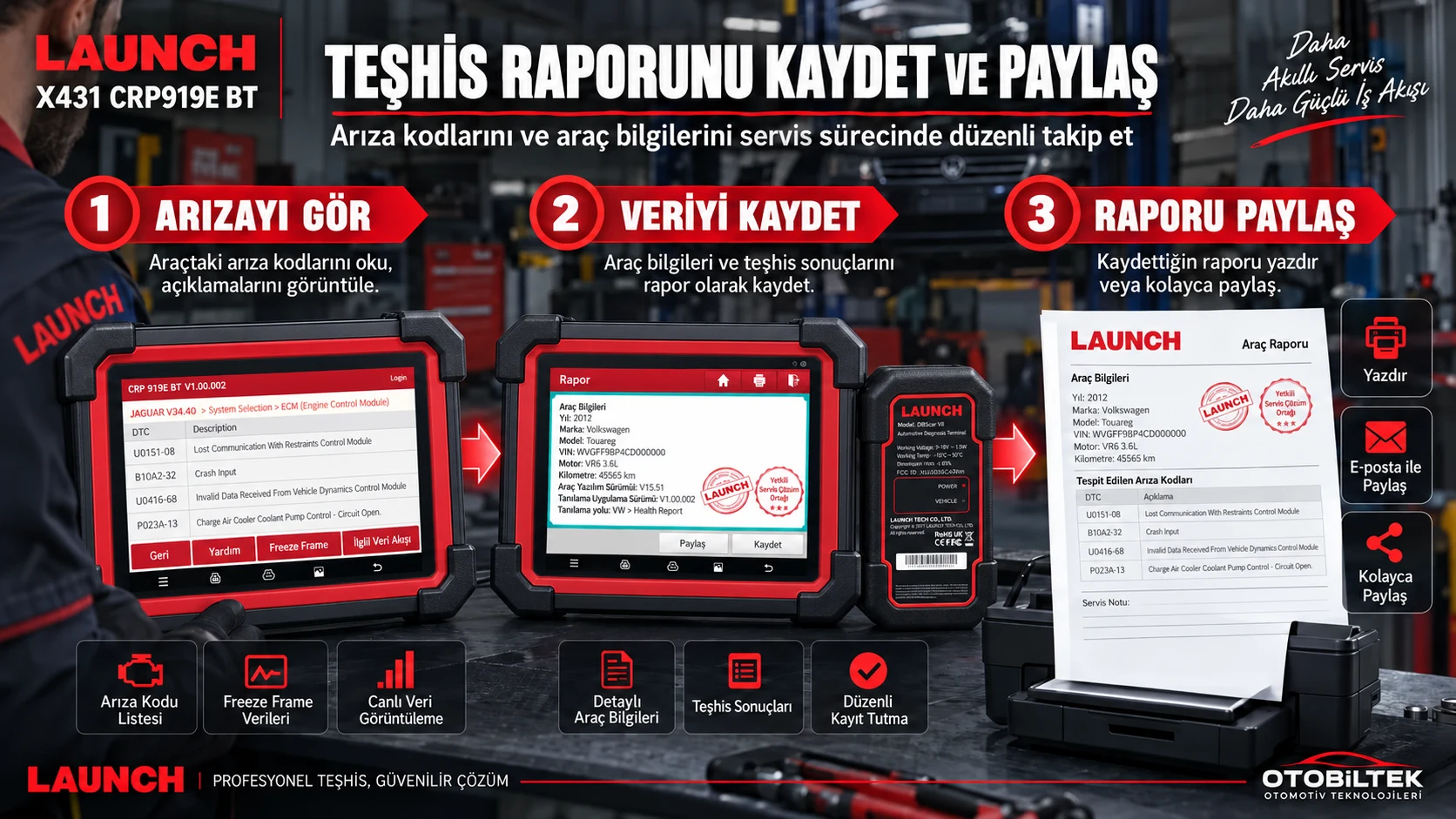 Launch X431 CRP919E BT arıza kodu, araç bilgileri ve servis raporu kaydetme akışı