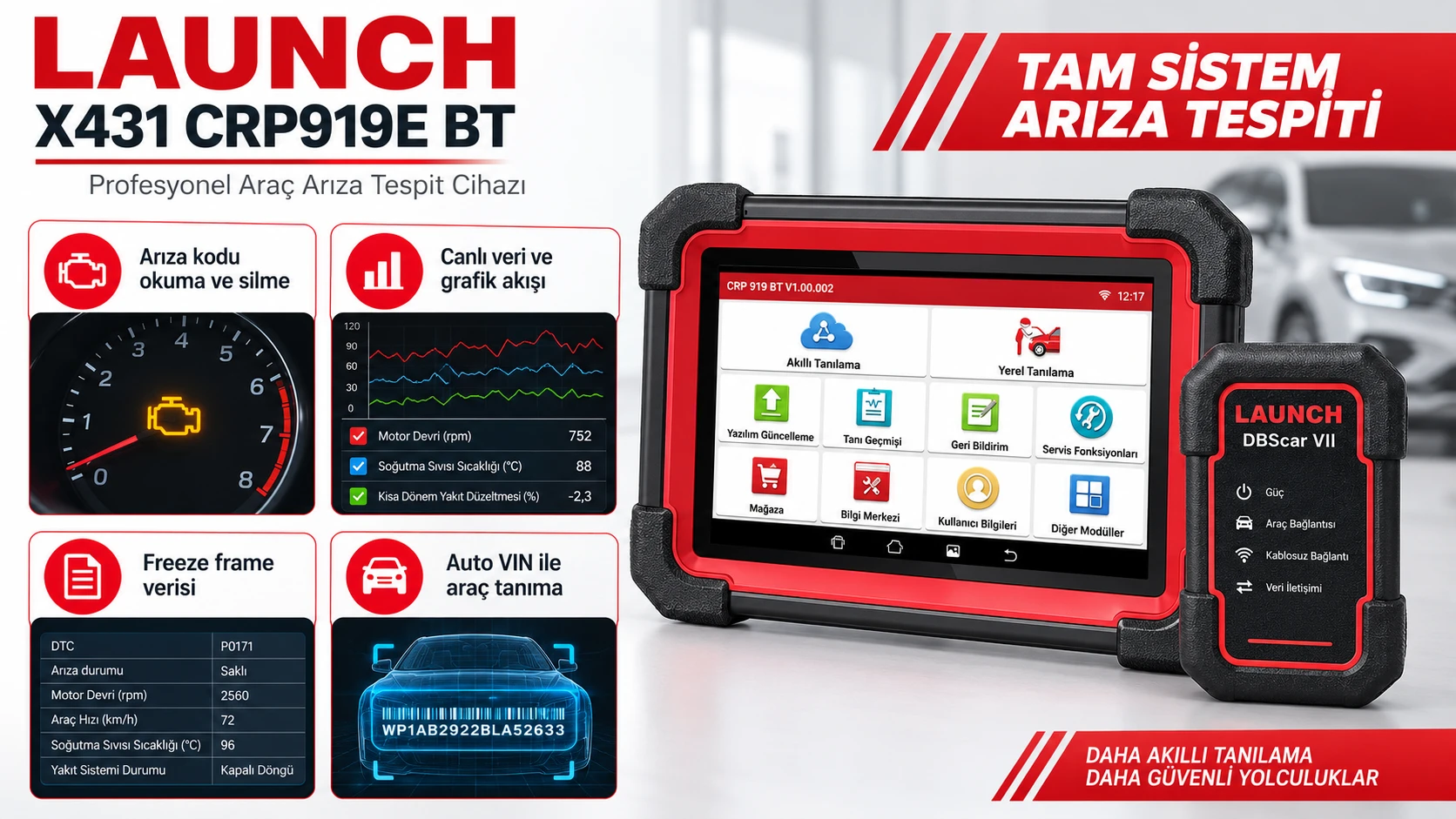 Launch X431 CRP919E BT tam sistem arıza tespiti, canlı veri, freeze frame ve Auto VIN açıklaması