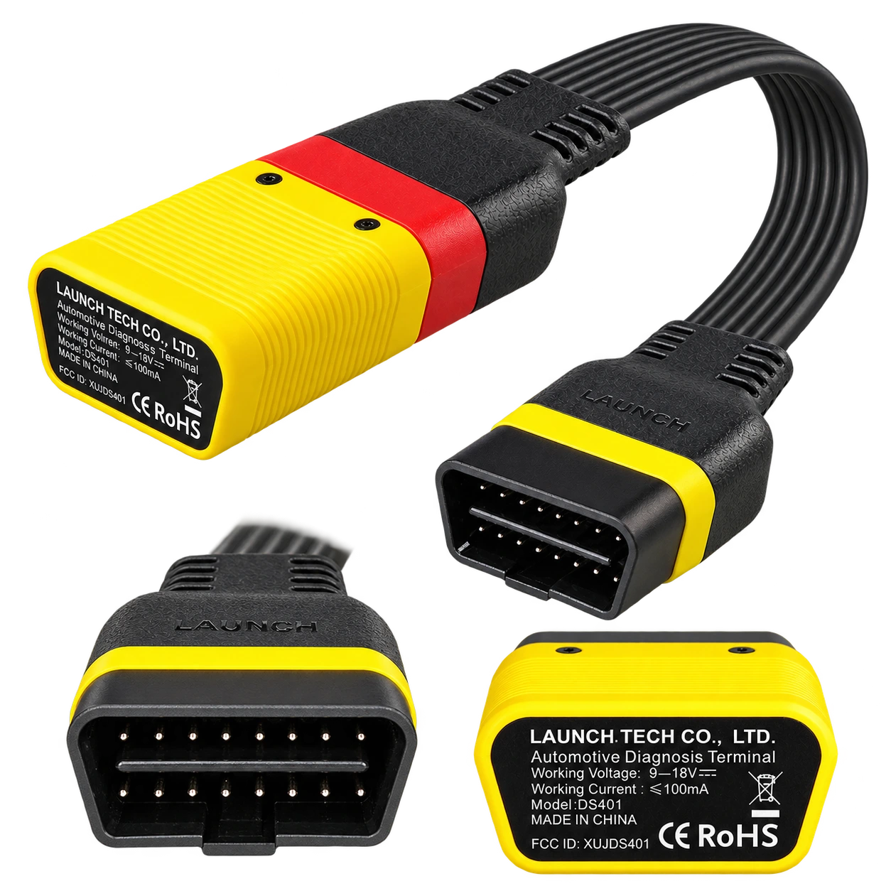 Launch EasyDiag 3.0 DS401 adaptörünün gerçek cihaz, OBD-II soket ve arka etiket görünümleri