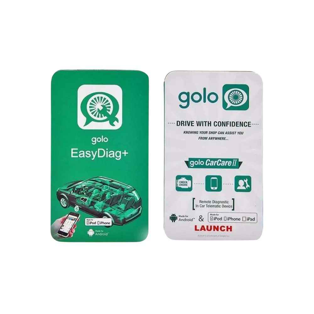 Launch Golo EasyDiag+ green box and transparent adapter side-by-side with Golo CarCare II box and black adapter