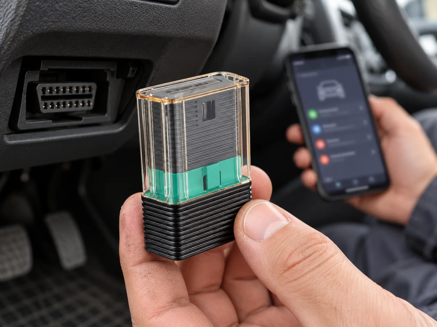 Launch Golo EasyDiag+ gerçek adaptörünün araç OBD soketi ve telefon yanında yakın plan görünümü