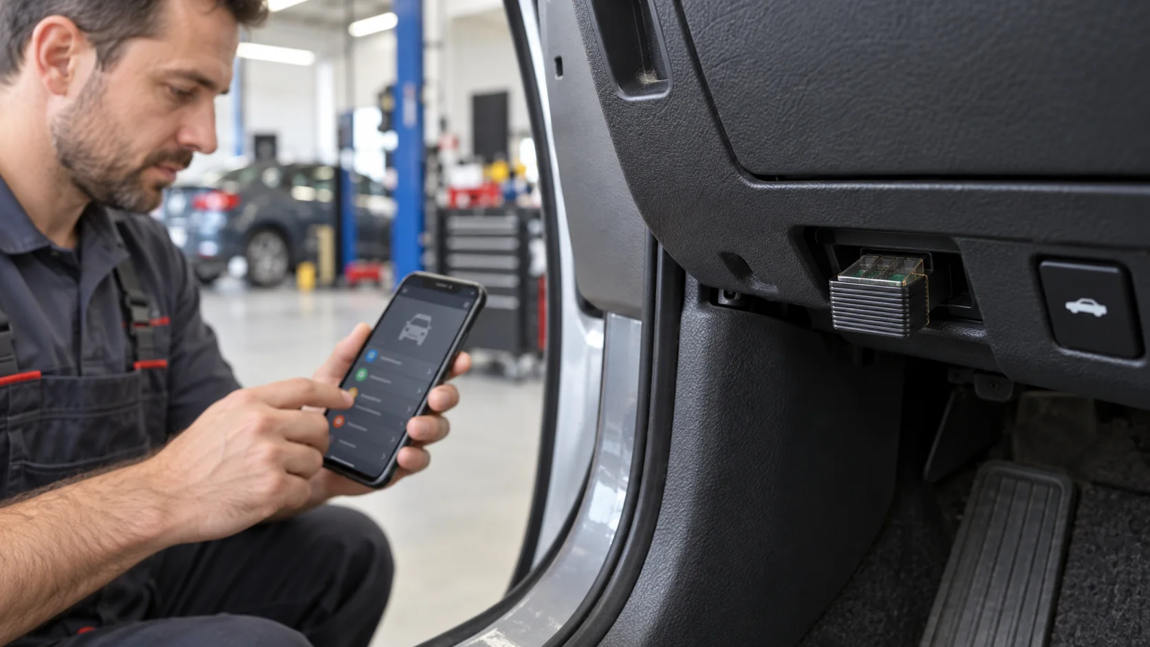 Ustanın Launch Golo EasyDiag+ adaptörü araç OBD soketine bağlıyken telefon üzerinden kontrol yaptığı servis sahnesi