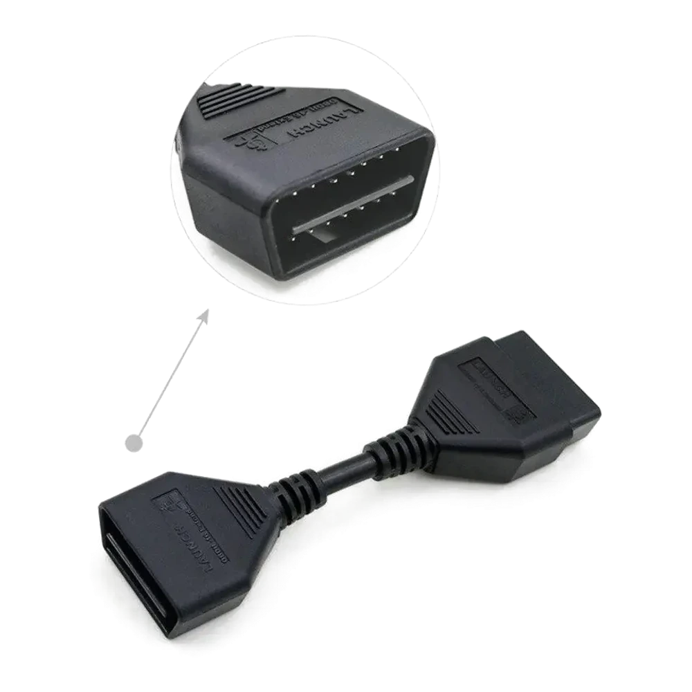 Close-up view of the Launch OBD2 15 cm cable's male and female 16-pin sockets on a transparent background